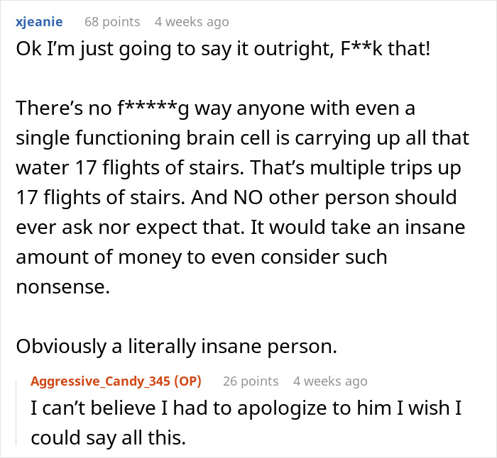 User expressing disbelief over a customer demanding Instacart shopper to carry water up 17 floors, questioning tipping expectations. User expressing disbelief over a customer demanding Instacart shopper to carry water up 17 floors, questioning tipping expectations.