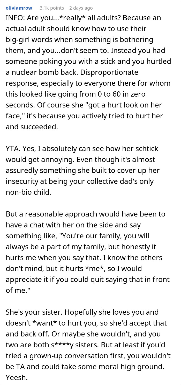 Screenshot of an online comment discussing adopted sister's longstanding chosen one joke and bio dad not choosing her. Screenshot of an online comment discussing adopted sister's longstanding chosen one joke and bio dad not choosing her.