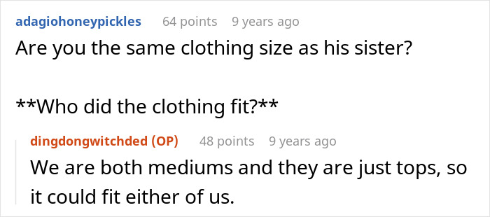 Screenshot of a Reddit conversation discussing clothing size and whether it fits the sister-in-law, highlighting family tension.