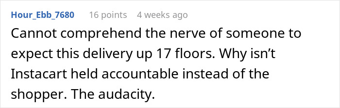 Comment on a forum discussing customer demands for an Instacart shopper to carry water up 17 floors and tip expectations. Comment on a forum discussing customer demands for an Instacart shopper to carry water up 17 floors and tip expectations.