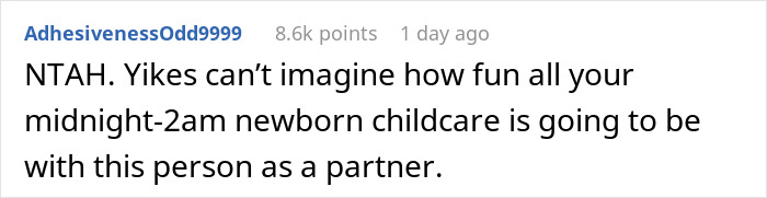 Comment text about a heavily pregnant woman stuck in a bathtub and an angry partner scolding her for calling help. Comment text about a heavily pregnant woman stuck in a bathtub and an angry partner scolding her for calling help.