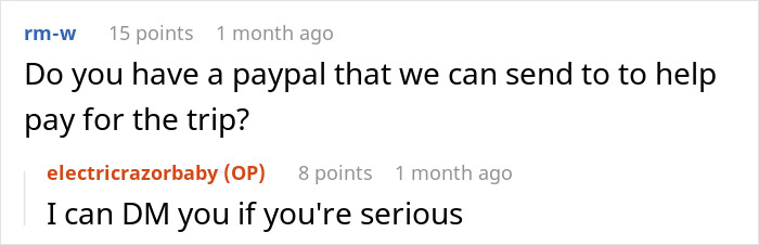 Screenshot of an online conversation discussing payment options to help pay for a trip. Screenshot of an online conversation discussing payment options to help pay for a trip.