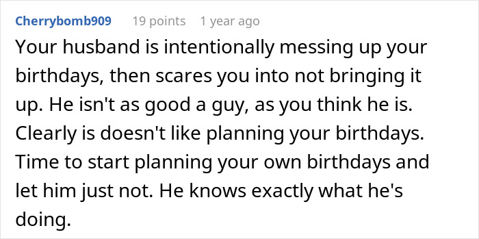 Screenshot of a comment discussing a husband’s birthday surprise causing marriage issues and leading to therapy. Screenshot of a comment discussing a husband’s birthday surprise causing marriage issues and leading to therapy.