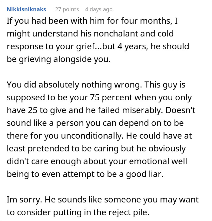 Commenter discussing boyfriend’s cold response during partner’s grief, revealing true character and emotional neglect.