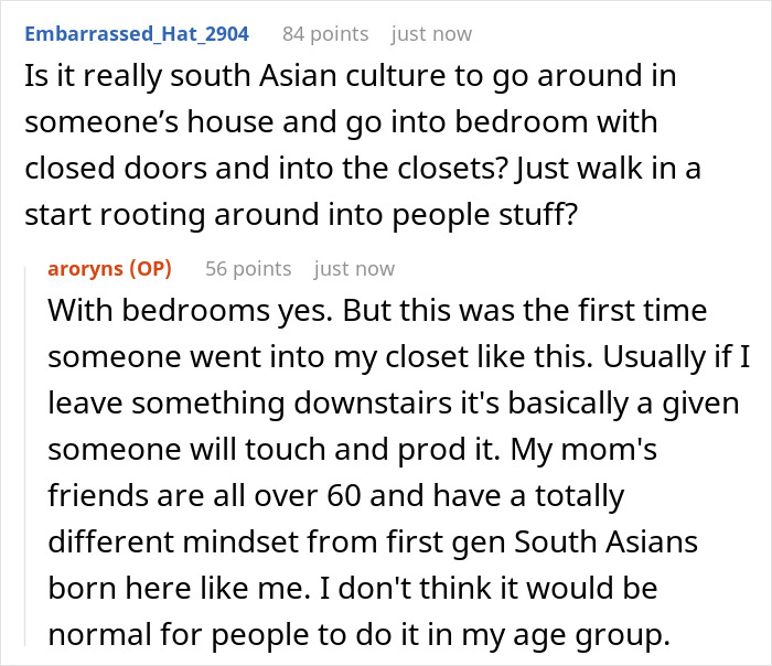 Screenshot of an online discussion about a woman catching a guest sneaking into her room and stopping them before her kid opens a collector doll. Screenshot of an online discussion about a woman catching a guest sneaking into her room and stopping them before her kid opens a collector doll.