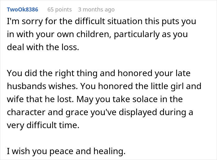 Comment expressing sympathy for widow honoring late husband's wishes to bury him with his first wife and child. Comment expressing sympathy for widow honoring late husband's wishes to bury him with his first wife and child.