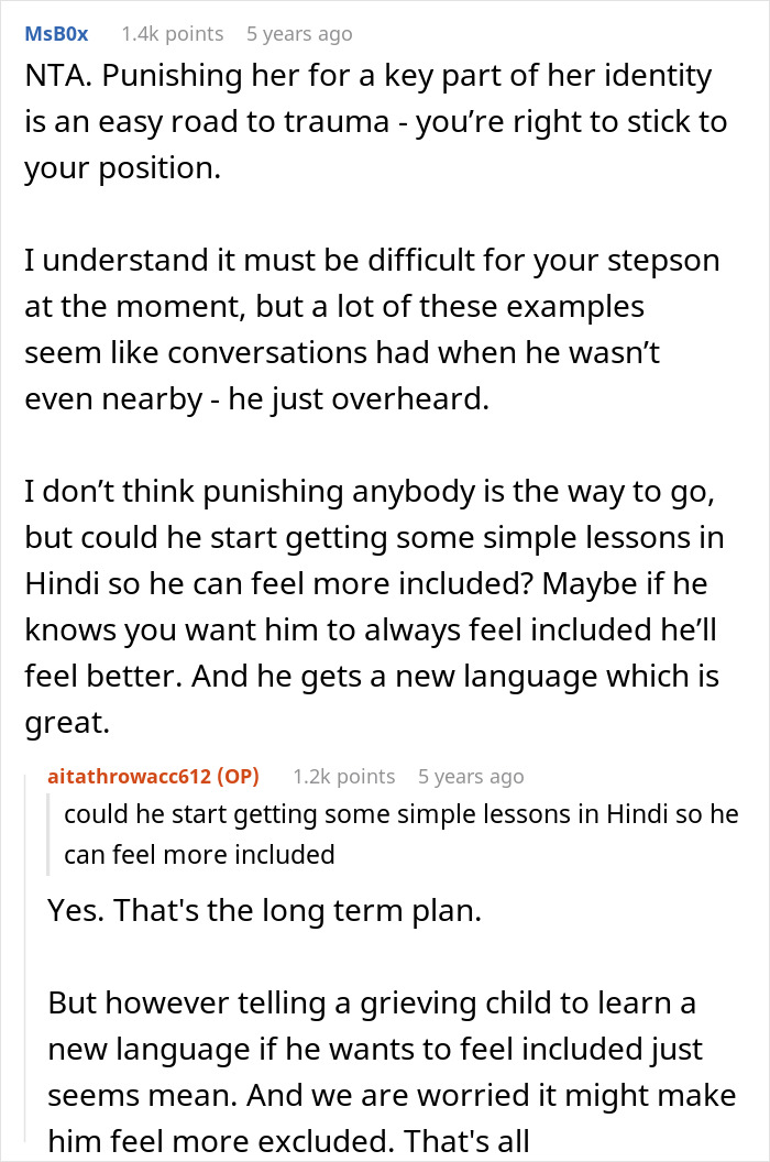 Alt text: Online discussion about stepdad punishing kid for using native language his son can’t understand, mom horrified by the idea Alt text: Online discussion about stepdad punishing kid for using native language his son can’t understand, mom horrified by the idea