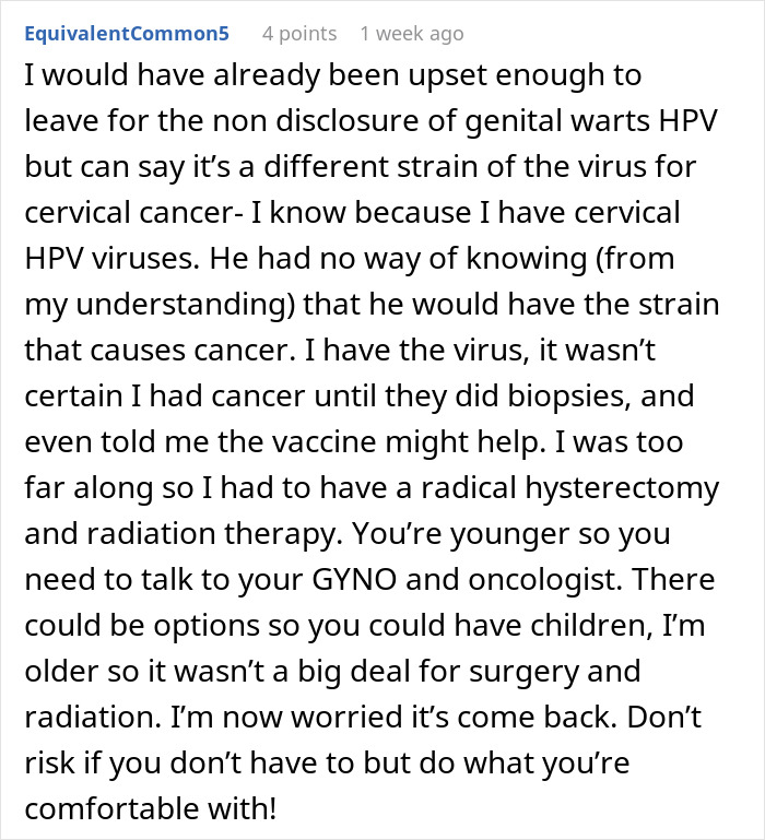 Comment discussing a woman’s experience with cancer linked to HPV and her feelings about her healthy boyfriend’s past. Comment discussing a woman’s experience with cancer linked to HPV and her feelings about her healthy boyfriend’s past.