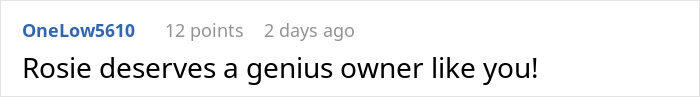 Comment on a forum praising an owner for their dog, displayed in simple black text on a white background. Comment on a forum praising an owner for their dog, displayed in simple black text on a white background.