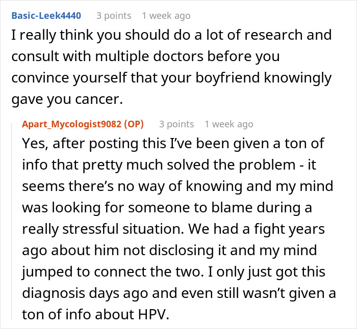 Reddit user discussing cancer diagnosis and resentment toward boyfriend due to past HPV infection and lack of disclosure. Reddit user discussing cancer diagnosis and resentment toward boyfriend due to past HPV infection and lack of disclosure.
