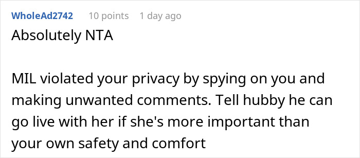 Screenshot of Reddit comment explaining MIL violated privacy by spying and making unwanted comments about baby cam access issues. Screenshot of Reddit comment explaining MIL violated privacy by spying and making unwanted comments about baby cam access issues.