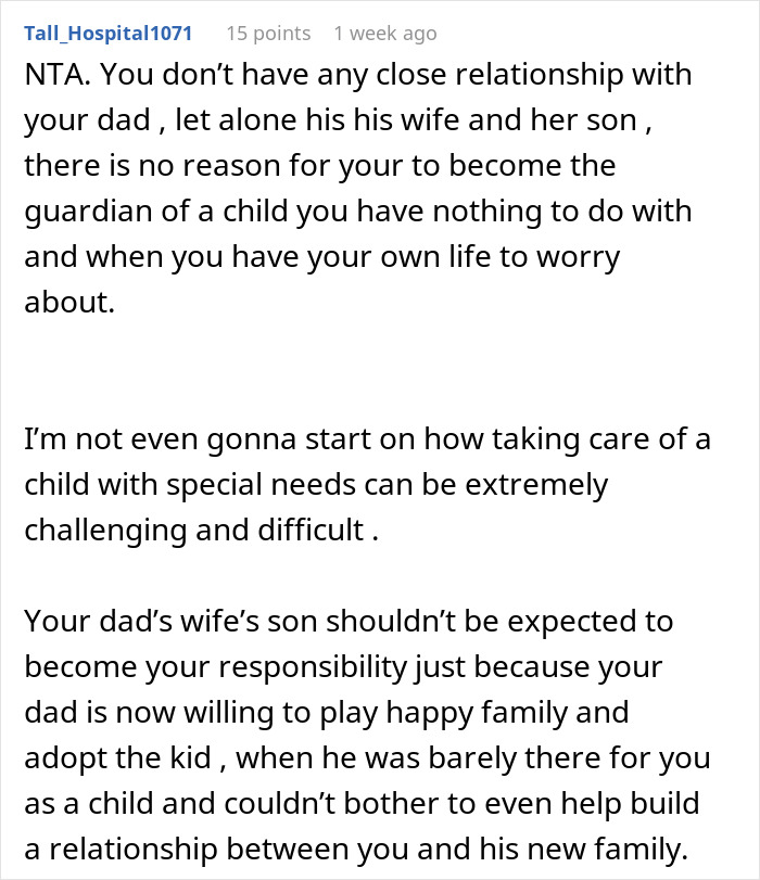 Screenshot of a Reddit comment explaining why a lady is not expected to be future caregiver for autistic stepbrother. Screenshot of a Reddit comment explaining why a lady is not expected to be future caregiver for autistic stepbrother.