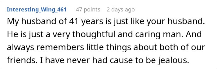 Comment emphasizing a husband’s thoughtful nature and ability to remember friends’ favorite drinks, sparking mild jealousy. Comment emphasizing a husband’s thoughtful nature and ability to remember friends’ favorite drinks, sparking mild jealousy.