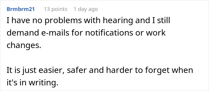Screenshot of a user commenting on preferring email notifications for work despite having no hearing problems. Screenshot of a user commenting on preferring email notifications for work despite having no hearing problems.