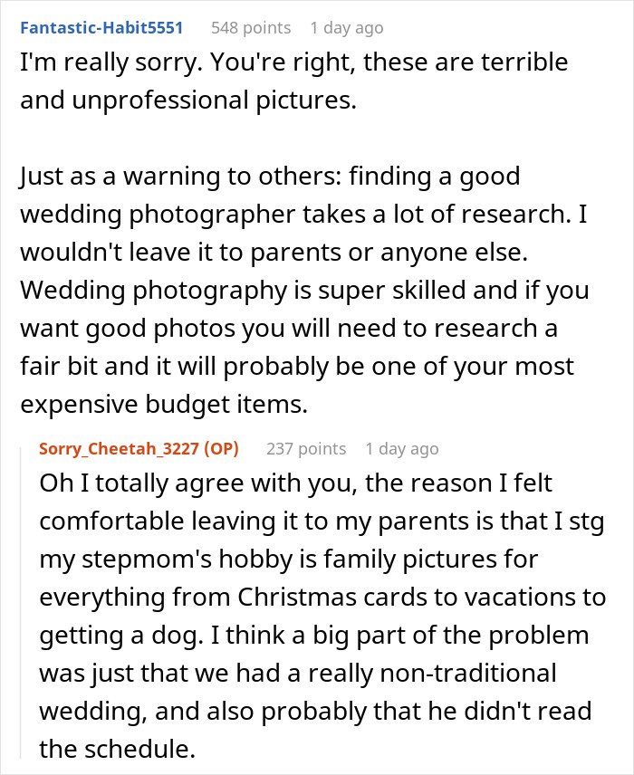 Commenters discuss the challenges of hiring a skilled wedding photographer versus relying on family photos. Commenters discuss the challenges of hiring a skilled wedding photographer versus relying on family photos.