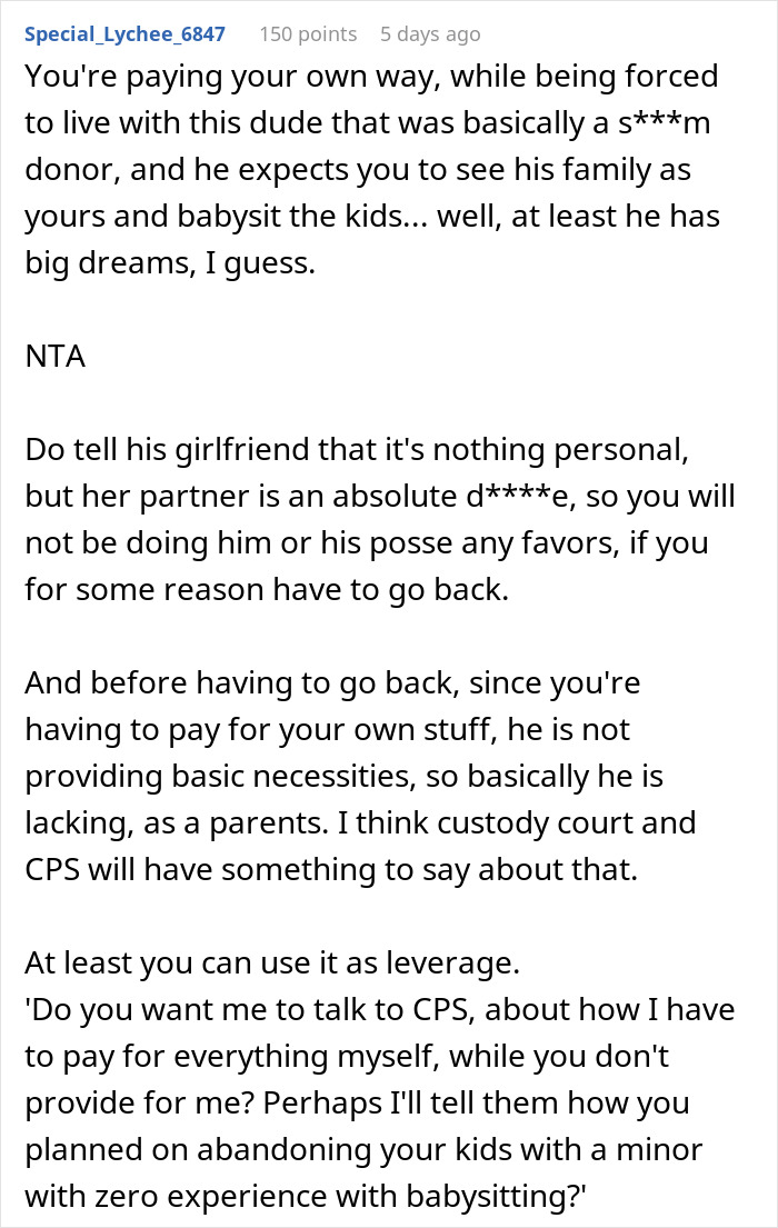 Screenshot of a discussion about a teen escaping dad’s babysitting trap after being asked to watch fiancée’s kids. Screenshot of a discussion about a teen escaping dad’s babysitting trap after being asked to watch fiancée’s kids.