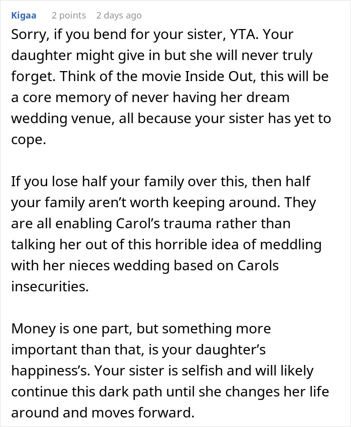 Comment discussing a woman refusing to cancel her daughter’s dream wedding venue despite sister’s cheating ex conflict. Comment discussing a woman refusing to cancel her daughter’s dream wedding venue despite sister’s cheating ex conflict.
