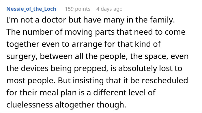 Comment about woman prioritizing brunch date over dad’s surgery, highlighting surgery scheduling complexity and cluelessness. Comment about woman prioritizing brunch date over dad’s surgery, highlighting surgery scheduling complexity and cluelessness.