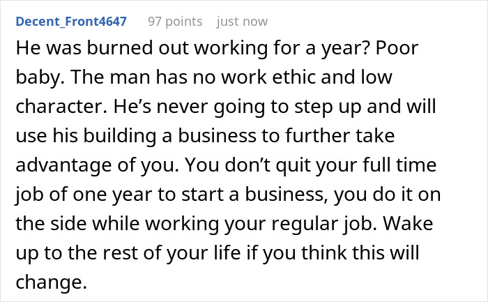 Screenshot of a social media comment criticizing a jobless fiancé living off his partner while claiming to build a business. Screenshot of a social media comment criticizing a jobless fiancé living off his partner while claiming to build a business.