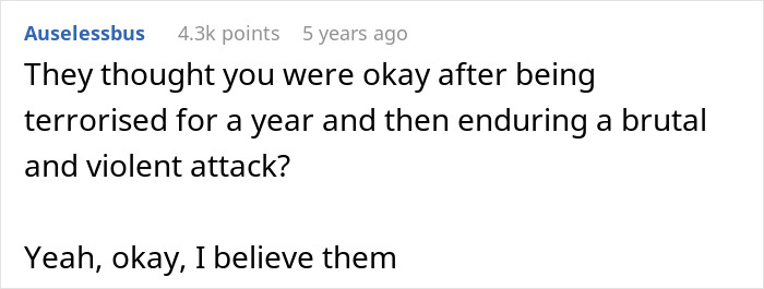 Text comment on social platform expressing disbelief about recovery after a year of terror and a violent attack. Text comment on social platform expressing disbelief about recovery after a year of terror and a violent attack.