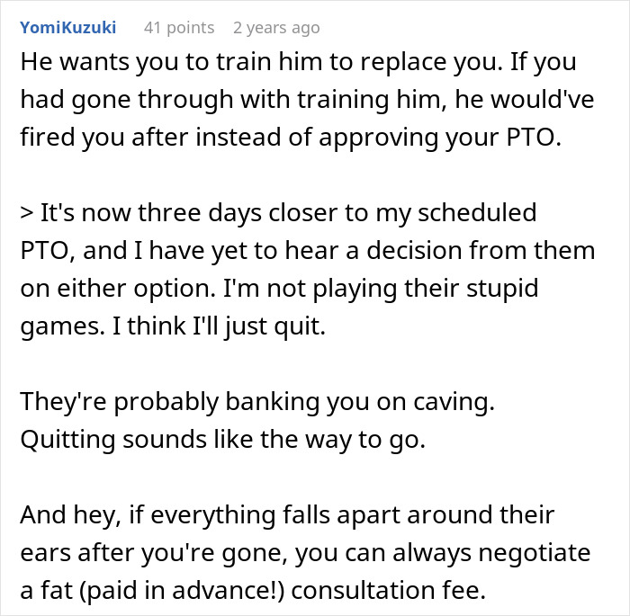 Text comment about quitting after being expected to teach 12 years of knowledge before PTO, sharing frustrations and clapping back with notice. Text comment about quitting after being expected to teach 12 years of knowledge before PTO, sharing frustrations and clapping back with notice.