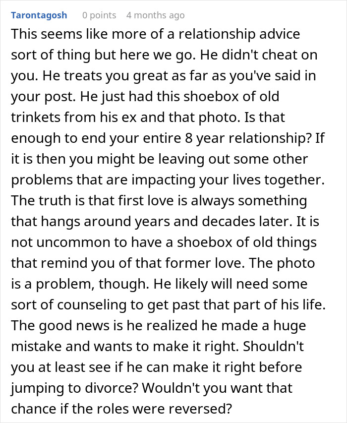 Comment discussing relationship advice about divorce over husband’s ex and handling old memories in marriage counseling. Comment discussing relationship advice about divorce over husband’s ex and handling old memories in marriage counseling.