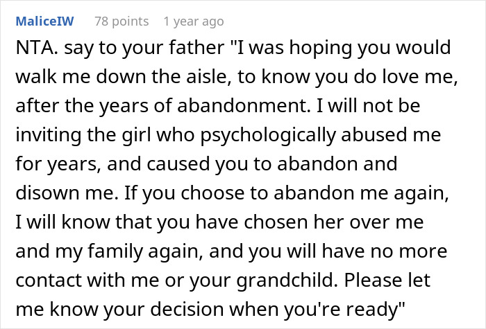 Text from an online forum showing a woman addressing years of abandonment and cutting ties with her family over stepsister abuse. Text from an online forum showing a woman addressing years of abandonment and cutting ties with her family over stepsister abuse.