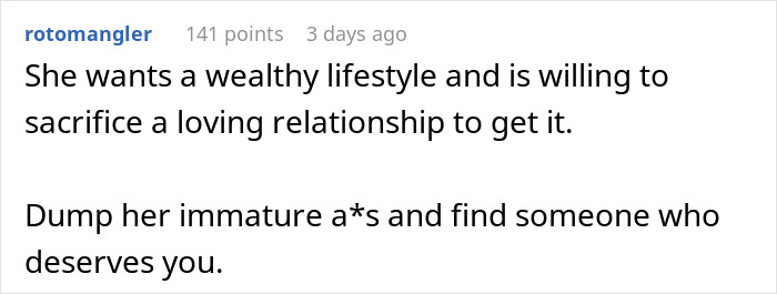Comment expressing disappointment in a relationship where a girlfriend prefers a wealthy husband over a hardworking partner.