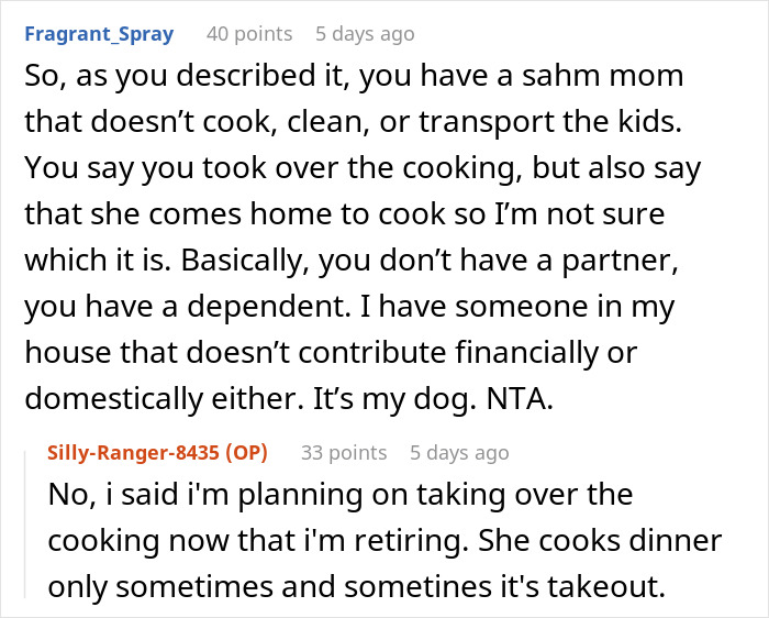 Reddit user debates wife's role as a stay-at-home mom for teens, arguing lack of chores doesn't count as work. Reddit user debates wife's role as a stay-at-home mom for teens, arguing lack of chores doesn't count as work.