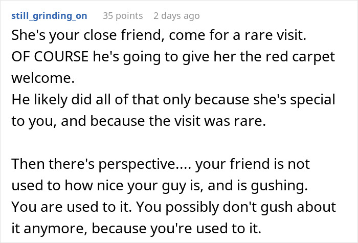 Screenshot of a Reddit comment discussing jealousy and perspective involving a close friend and a husband’s behavior. Screenshot of a Reddit comment discussing jealousy and perspective involving a close friend and a husband’s behavior.