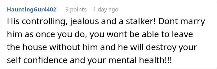 Screenshot of an online comment warning about a controlling, jealous fiancé affecting confidence and mental health. Screenshot of an online comment warning about a controlling, jealous fiancé affecting confidence and mental health.