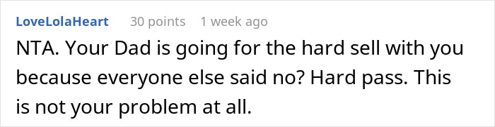 Comment rejecting responsibility as future caregiver for autistic stepbro, expressing firm refusal to accept the role. Comment rejecting responsibility as future caregiver for autistic stepbro, expressing firm refusal to accept the role.