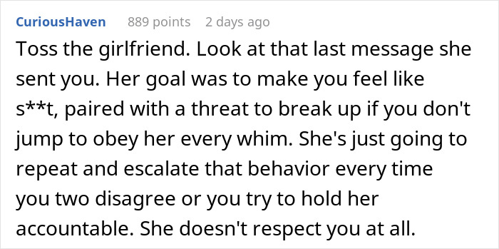 Comment discussing a woman’s angry reaction and disrespect after her boyfriend dumped her over thrown-away dinner.