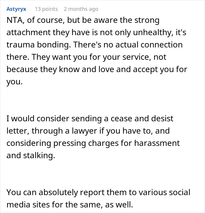 Comment discussing relationship dynamics between siblings, sister, and mom involving unhealthy trauma bonding and legal advice.