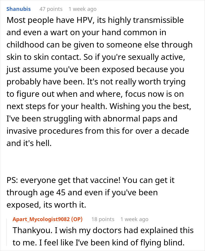 Reddit comments discussing HPV transmission, health struggles, and the importance of vaccination for HPV prevention. Reddit comments discussing HPV transmission, health struggles, and the importance of vaccination for HPV prevention.