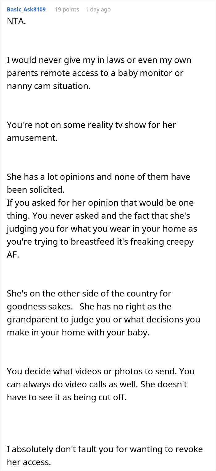 Comment discussing risks of giving mother-in-law baby cam access and reasons for disabling remote monitoring rights. Comment discussing risks of giving mother-in-law baby cam access and reasons for disabling remote monitoring rights.