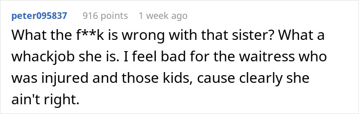 Text comment expressing frustration over a sister’s lazy parenting causing harm to kids and others.