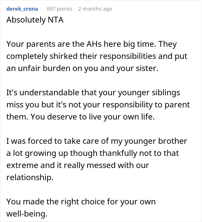 Comment discussing the relationship siblings sister mom and the unfair responsibilities placed by parents. Comment discussing the relationship siblings sister mom and the unfair responsibilities placed by parents.