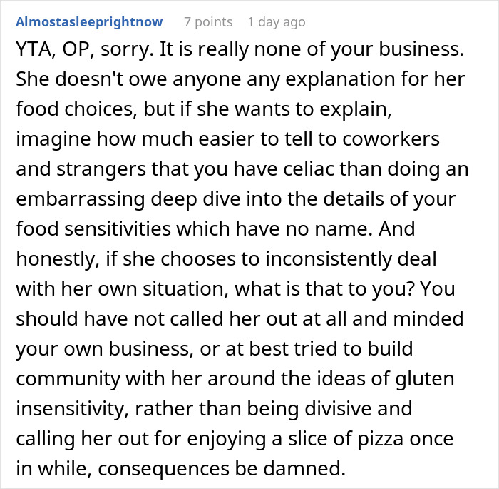 User comment discussing a worker calling out gluten-free colleague at a pizza party creating tension among coworkers.