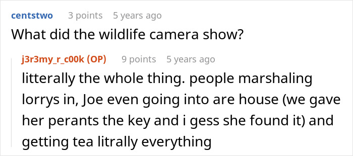 Screenshot of an online discussion about wildlife camera footage showing a neighbor dispute involving tree cutting. Screenshot of an online discussion about wildlife camera footage showing a neighbor dispute involving tree cutting.