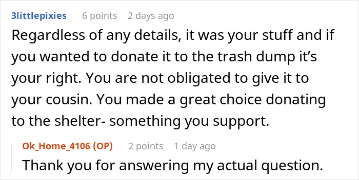 Conversation screenshot showing a user discussing family donation choices and expressing gratitude for a direct answer. Conversation screenshot showing a user discussing family donation choices and expressing gratitude for a direct answer.
