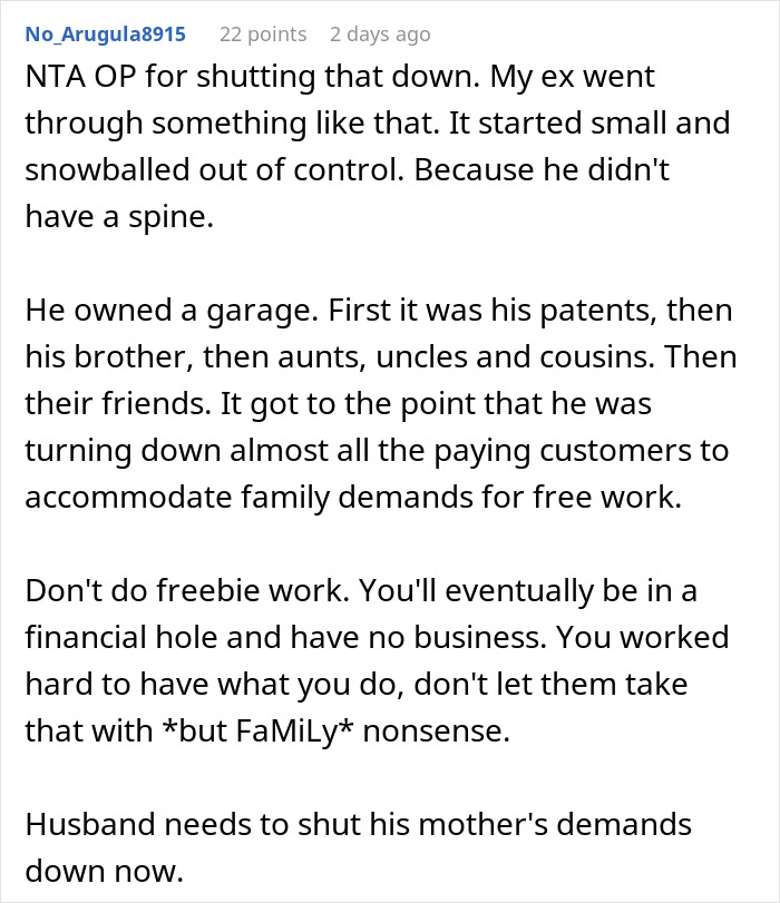 Comment warning against free salon service demands from family after marriage causing business issues.