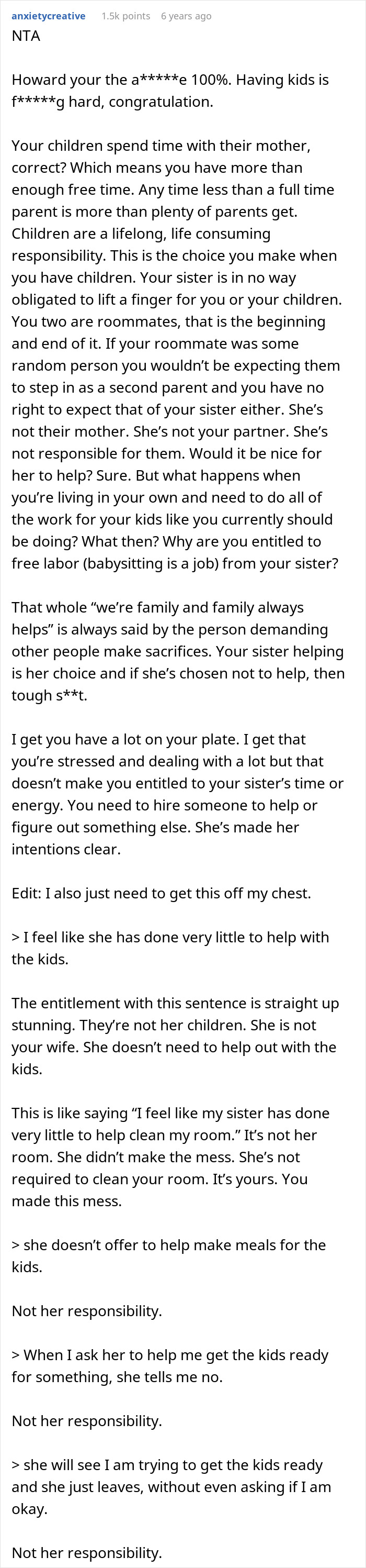 Commenter explaining sister refusing childcare duties is not responsible for the kids or household chores in a family conflict. Commenter explaining sister refusing childcare duties is not responsible for the kids or household chores in a family conflict.