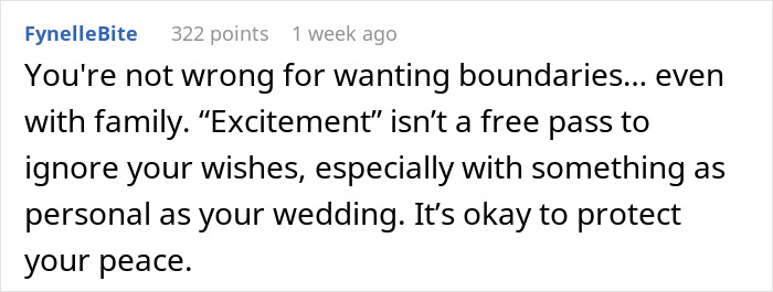 Comment about bride cutting mom off from key wedding plans to protect her peace and set boundaries. Comment about bride cutting mom off from key wedding plans to protect her peace and set boundaries.