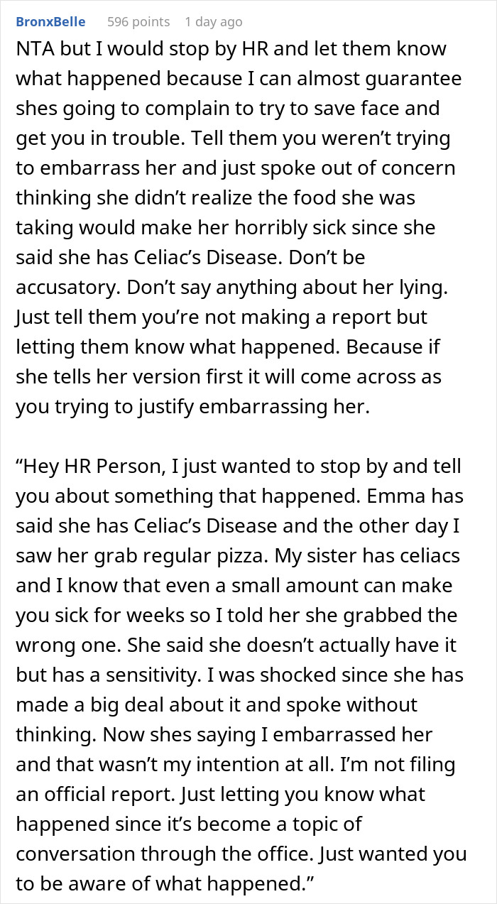 Text conversation discussing a worker calling out gluten-free colleague at a pizza party causing conflict in the workplace.