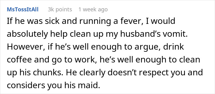 Comment discussing a mother caring for a 10-month-old refusing to clean fiancé’s vomit, causing tension in their relationship.