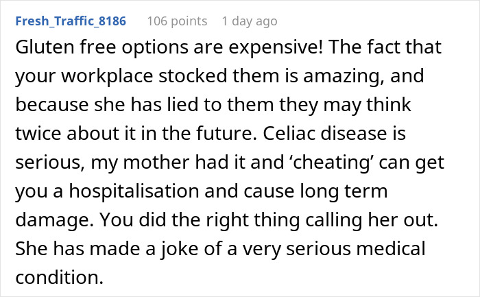 Comment discussing gluten-free options, workplace reactions, and the seriousness of celiac disease at a pizza party.