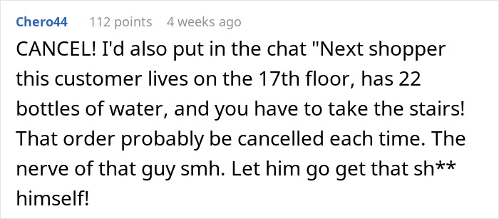 Comment discussing an Instacart shopper being asked to carry heavy water up 17 floors, highlighting customer demands and tipping issues. Comment discussing an Instacart shopper being asked to carry heavy water up 17 floors, highlighting customer demands and tipping issues.