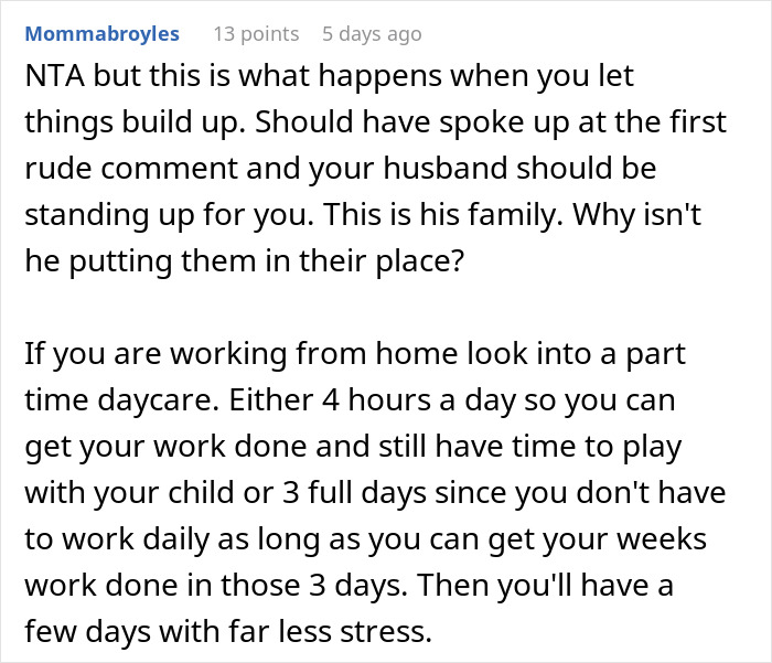 Comment discussing working mom advice on managing daycare and handling in-laws who underestimate her challenges. Comment discussing working mom advice on managing daycare and handling in-laws who underestimate her challenges.
