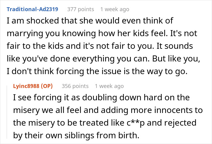 Online comments discussing a man’s struggle to win over fiancee’s kids and his decision to break up after years. Online comments discussing a man’s struggle to win over fiancee’s kids and his decision to break up after years.